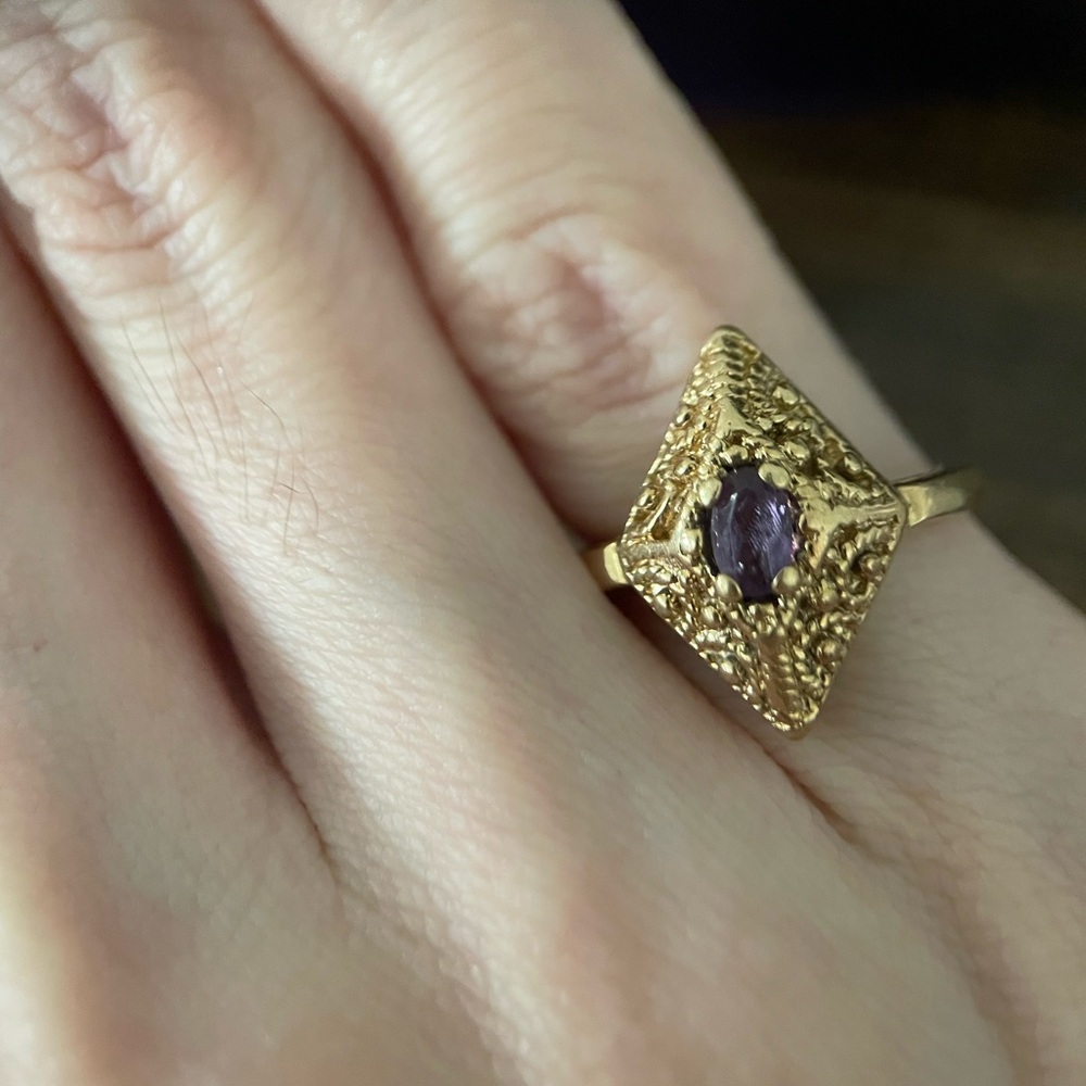 Etruscan 14k Gold Hand Wrought Granulated Filigree Scroll Lozenge Statement Ring - Picture 9 of 15